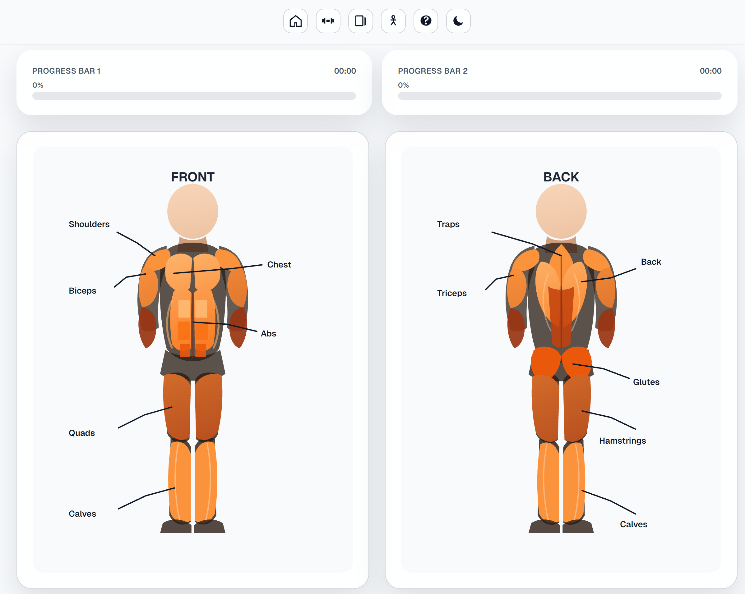 Gym Partner showing two progress bars and interactive front and back muscle-group diagrams.
