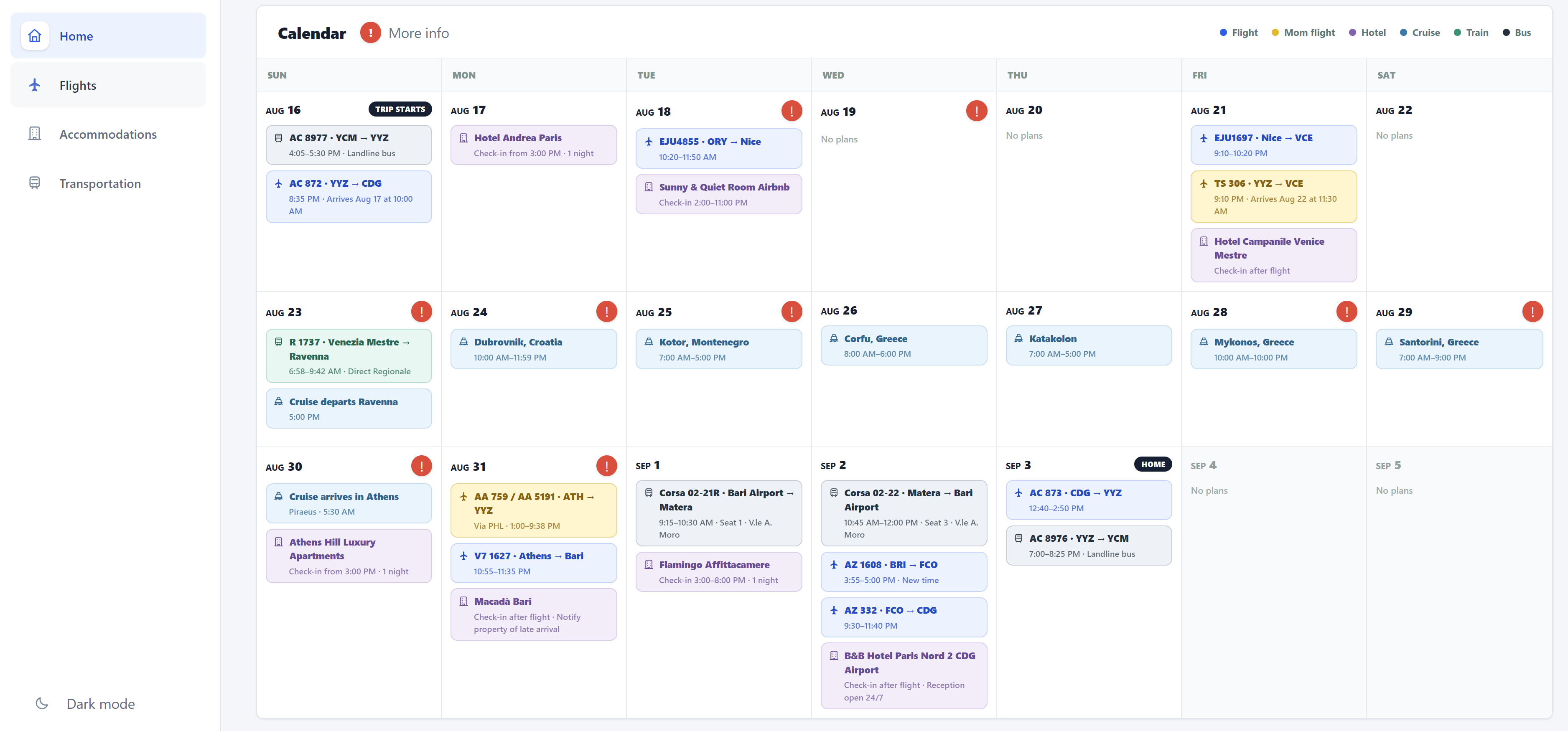 Travel Dashboard calendar organizing flights, accommodations, trains, buses, and cruise stops.